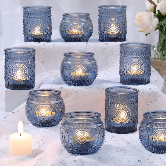 DARJEN 12Pcs Blue Votive Candle Holders - Votive Candle Holders Bulk Glass Candle Holder for Party Decoration Tea Lights Candle Holders for Wedding Glory